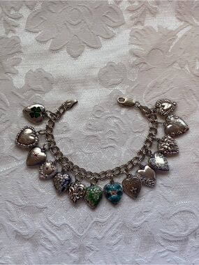 Antique Sterling Silver Puffy Heart Charm Bracelet